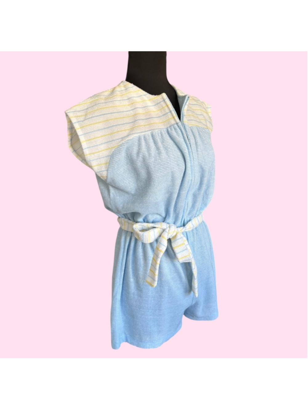 Vintage 70s Pastel Blue Striped Terry Cloth Romper Playsuit by Gina Size M